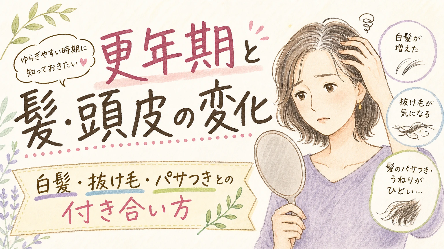 更年期で白髪・抜け毛が気になり始めた方へ|髪と頭皮の変化との付き合い方の内容を示すアイソメトリック図解