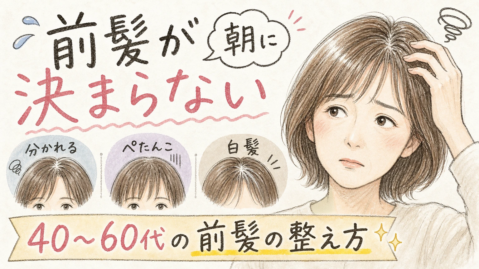 40〜60代の前髪が決まらない方へ|分かれる・ぺたんこ・白髪の整え方の内容を示すアイソメトリック図解