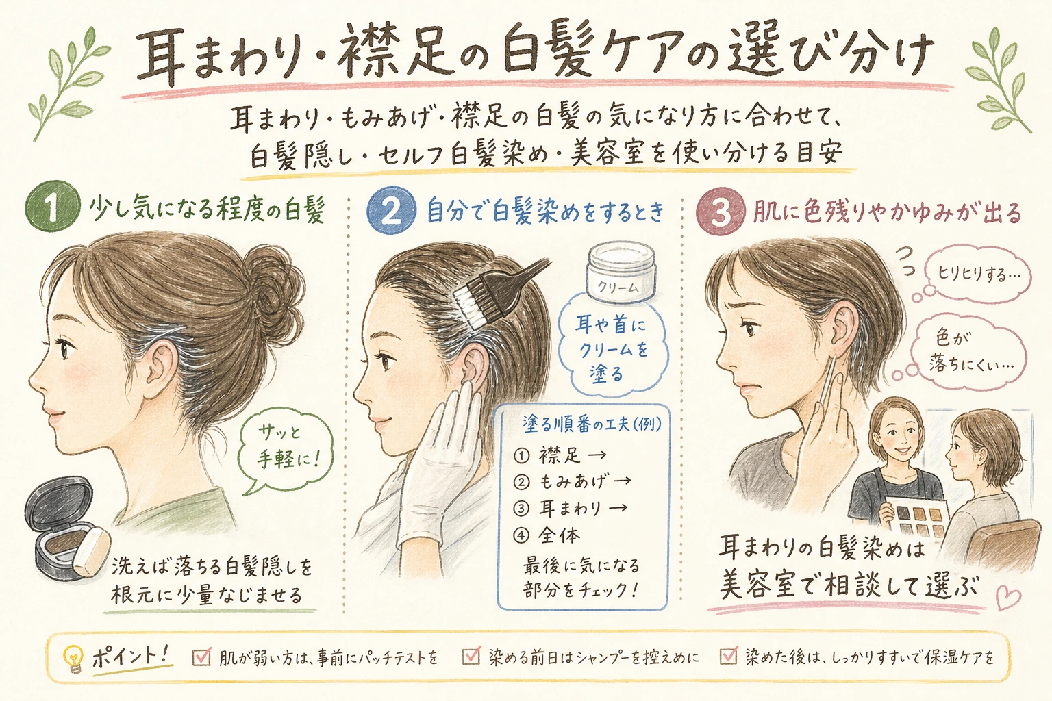 耳まわり・襟足の白髪ケアの選び分け|耳まわり・もみあげ・襟足の白髪の気になり方に合わせて、白髪隠し・セルフ白髪染め・美容室を使い分ける目安
