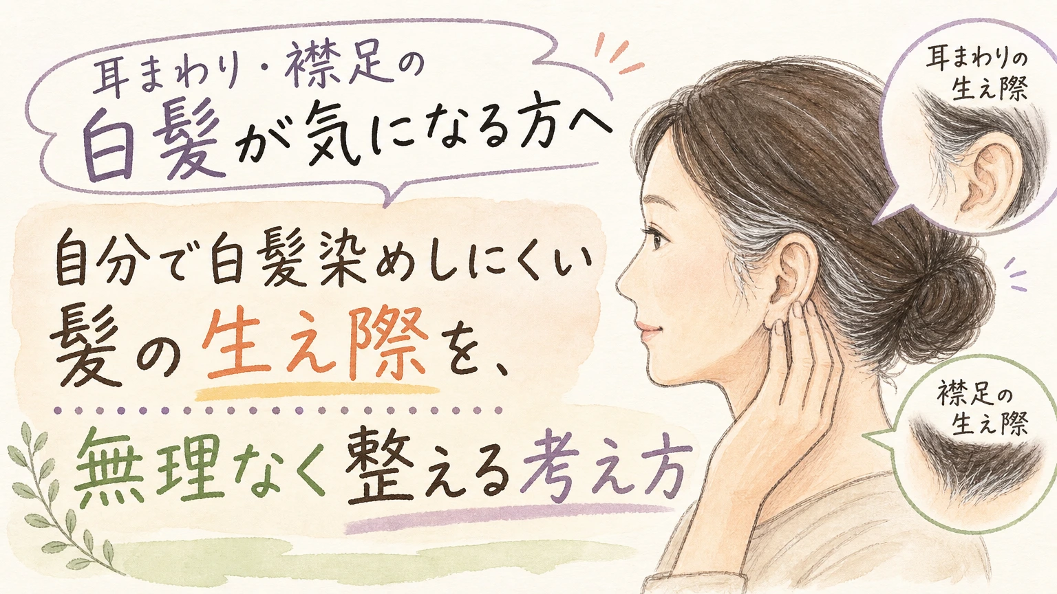 耳まわり・もみあげ・襟足の白髪が気になる方へ|自分で染めにくい場所の整え方の内容を示すアイソメトリック図解