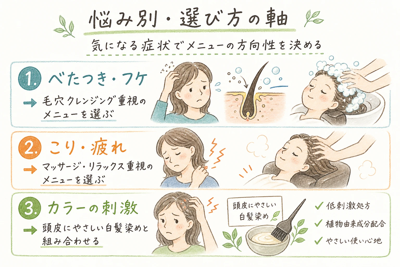 悩み別・選び方の軸|気になる症状でメニューの方向性を決める