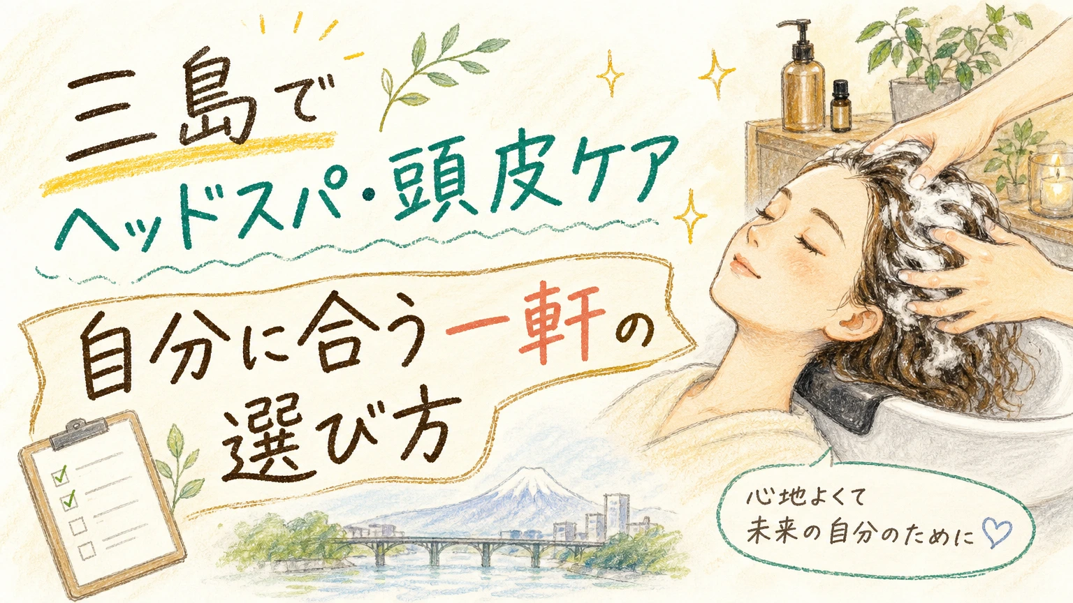 三島でヘッドスパ・頭皮ケアを始めたい方へ|選び方ガイドの内容を示すアイソメトリック図解