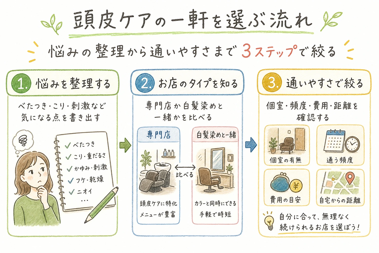 頭皮ケアの一軒を選ぶ流れ|悩みの整理から通いやすさまで3ステップで絞る