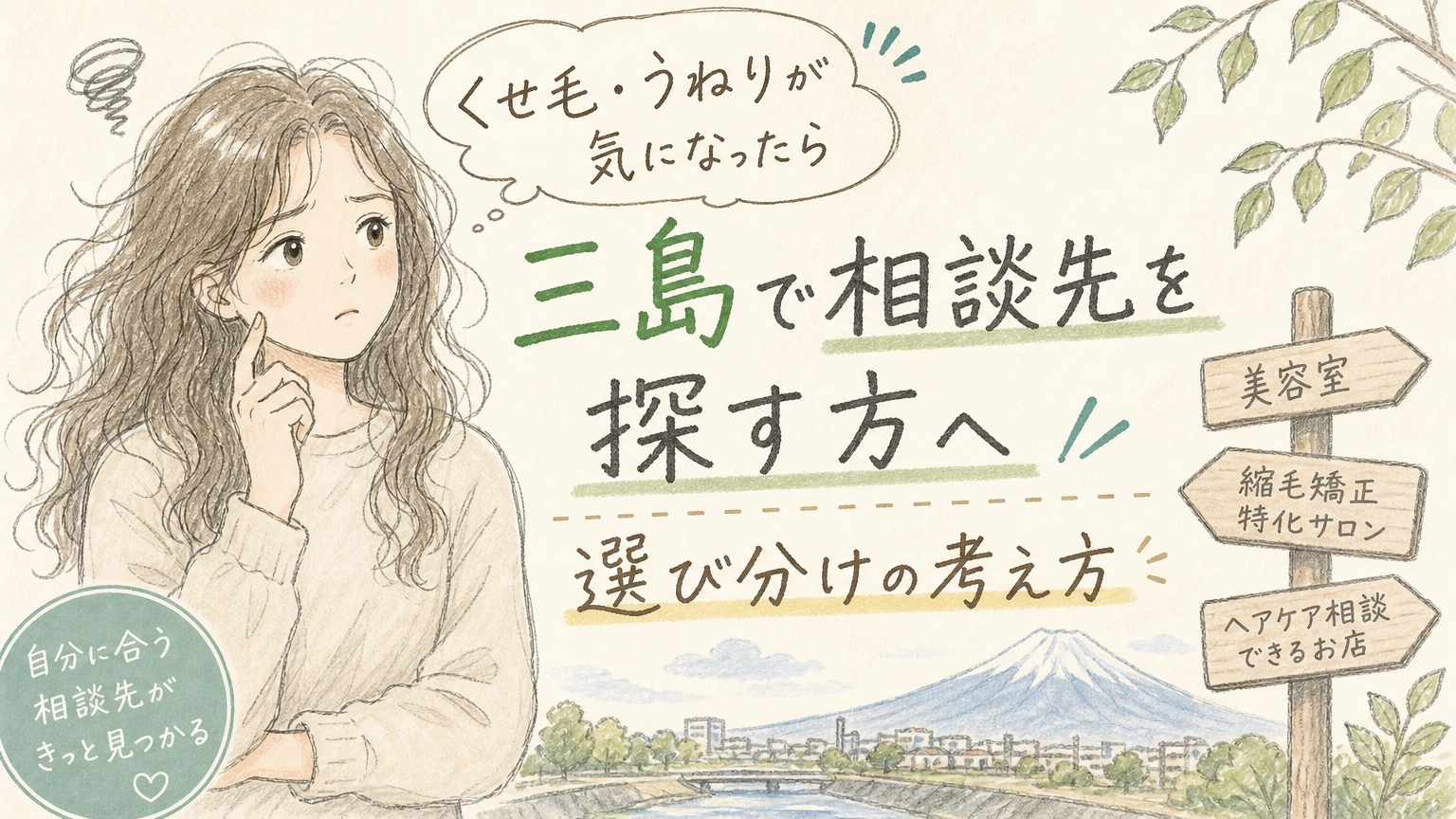 三島でくせ毛・うねりを相談したい方へ|施術の選び分けと通い方の内容を示すアイソメトリック図解