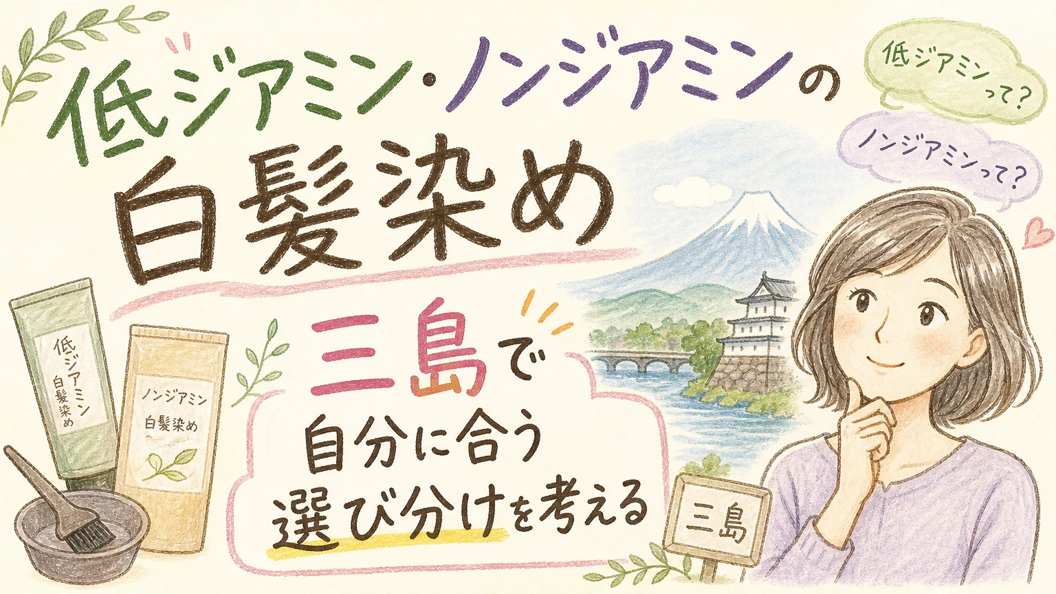 三島でノンジアミン・低ジアミンの白髪染めを探す方へ|選び分けの考え方の内容を示すアイソメトリック図解