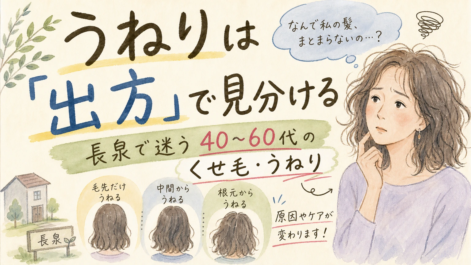長泉でくせ毛・うねりが気になる方へ|出方から探る原因と整え方の内容を示すアイソメトリック図解