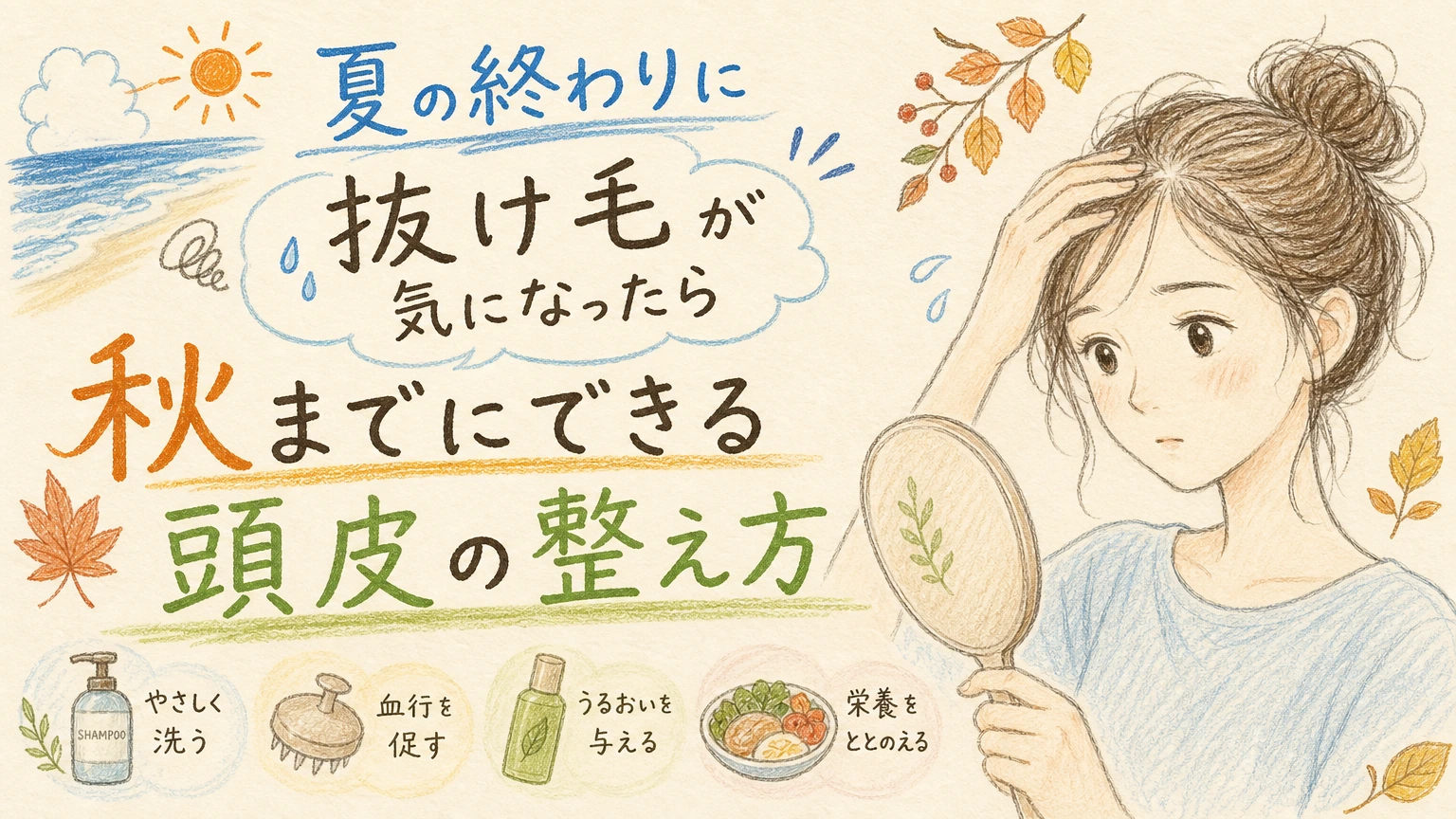 夏の終わりに抜け毛が増えたと感じる方へ|秋までの頭皮の整え方の内容を示すアイソメトリック図解