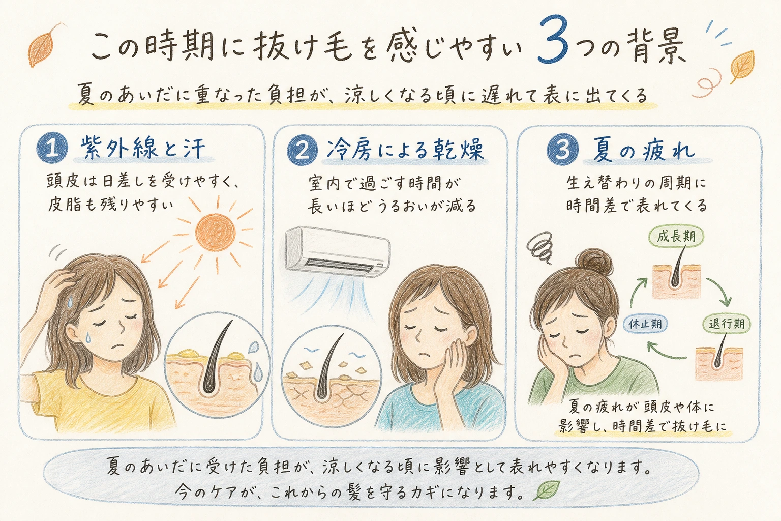 この時期に抜け毛を感じやすい3つの背景|夏のあいだに重なった負担が、涼しくなる頃に遅れて表に出てくる