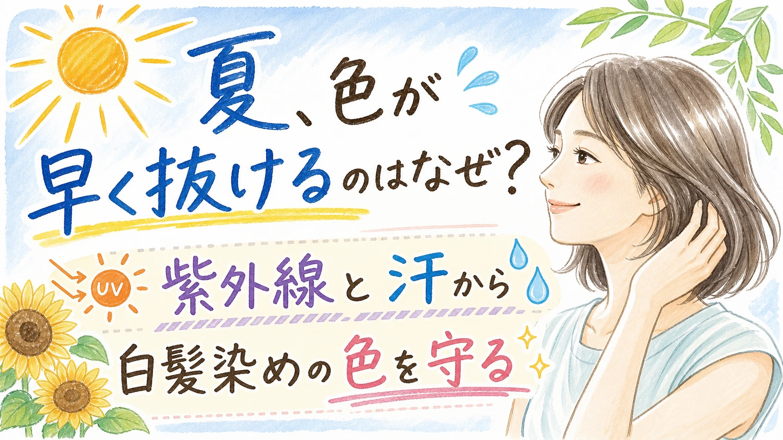 夏に白髪染めの色が早く抜ける理由|紫外線と汗から色を守るケアの内容を示すアイソメトリック図解