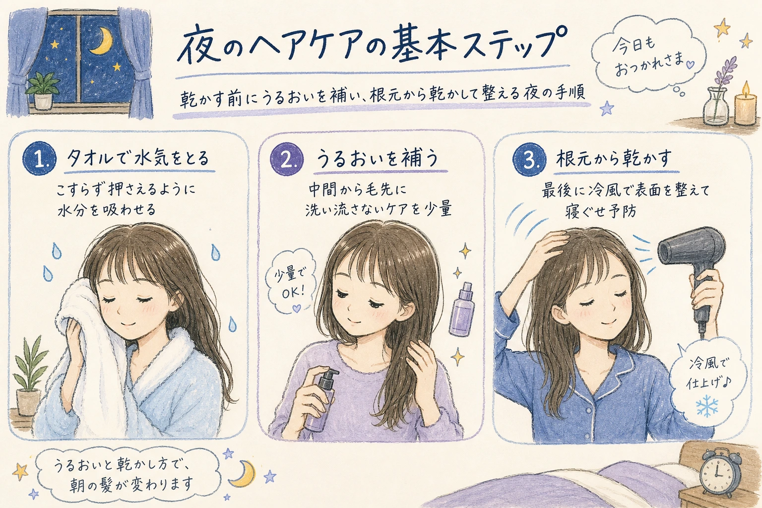 夜のヘアケアの基本ステップ|乾かす前にうるおいを補い、根元から乾かして整える夜の手順