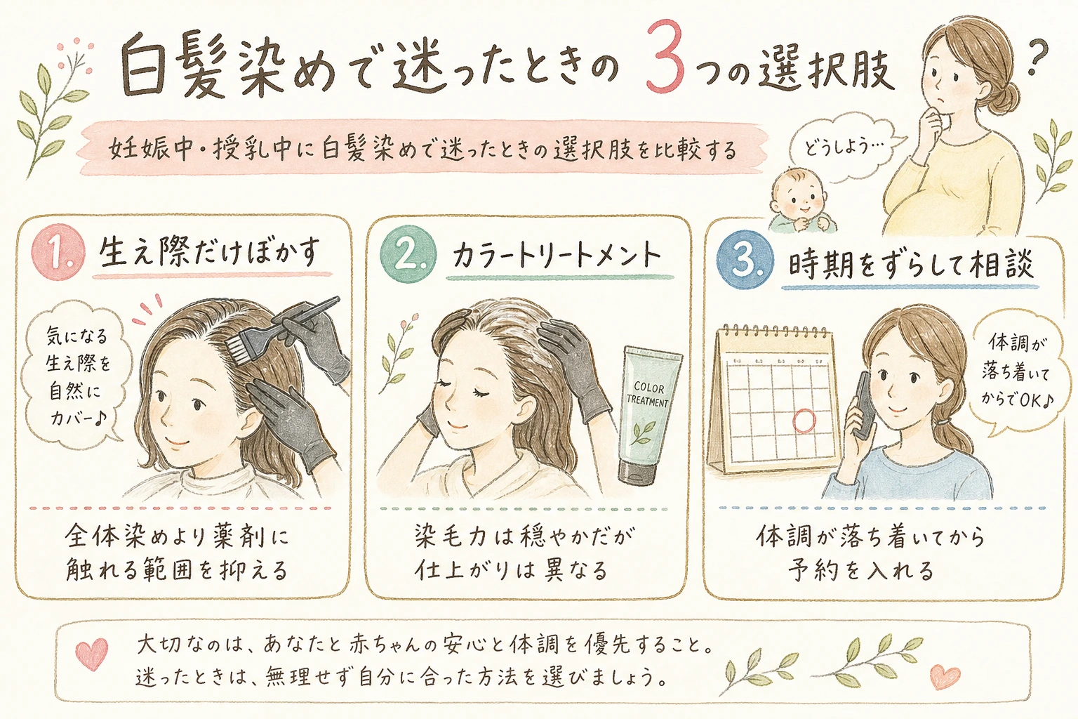 白髪染めで迷ったときの3つの選択肢|妊娠中・授乳中に白髪染めで迷ったときの選択肢を比較する