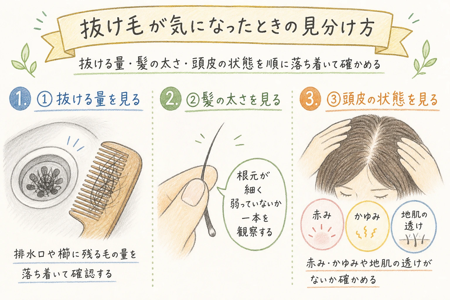抜け毛が気になったときの見分け方|抜ける量・髪の太さ・頭皮の状態を順に落ち着いて確かめる