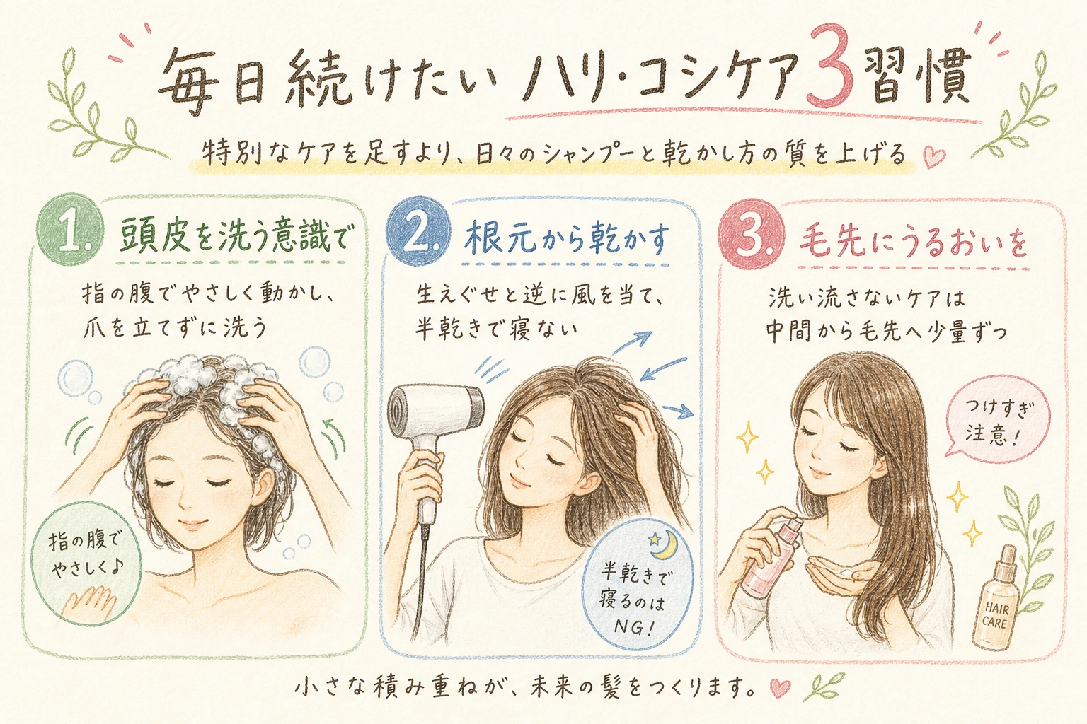 毎日続けたいハリ・コシケア3習慣|特別なケアを足すより、日々のシャンプーと乾かし方の質を上げる