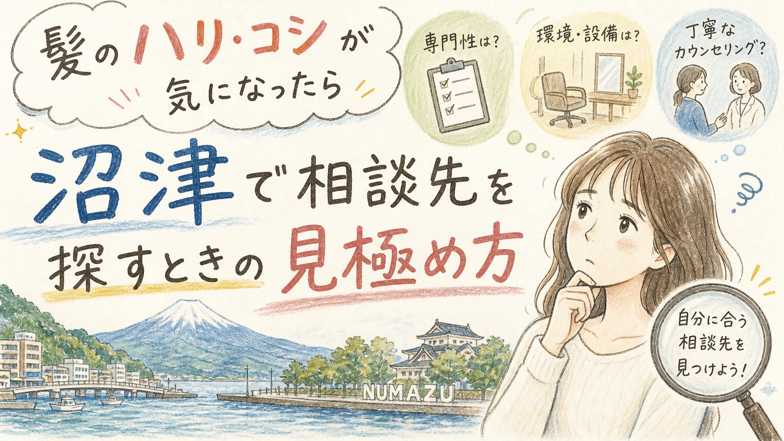 沼津でハリ・コシの相談ができる美容室|髪の変化の見極め方の内容を示すアイソメトリック図解