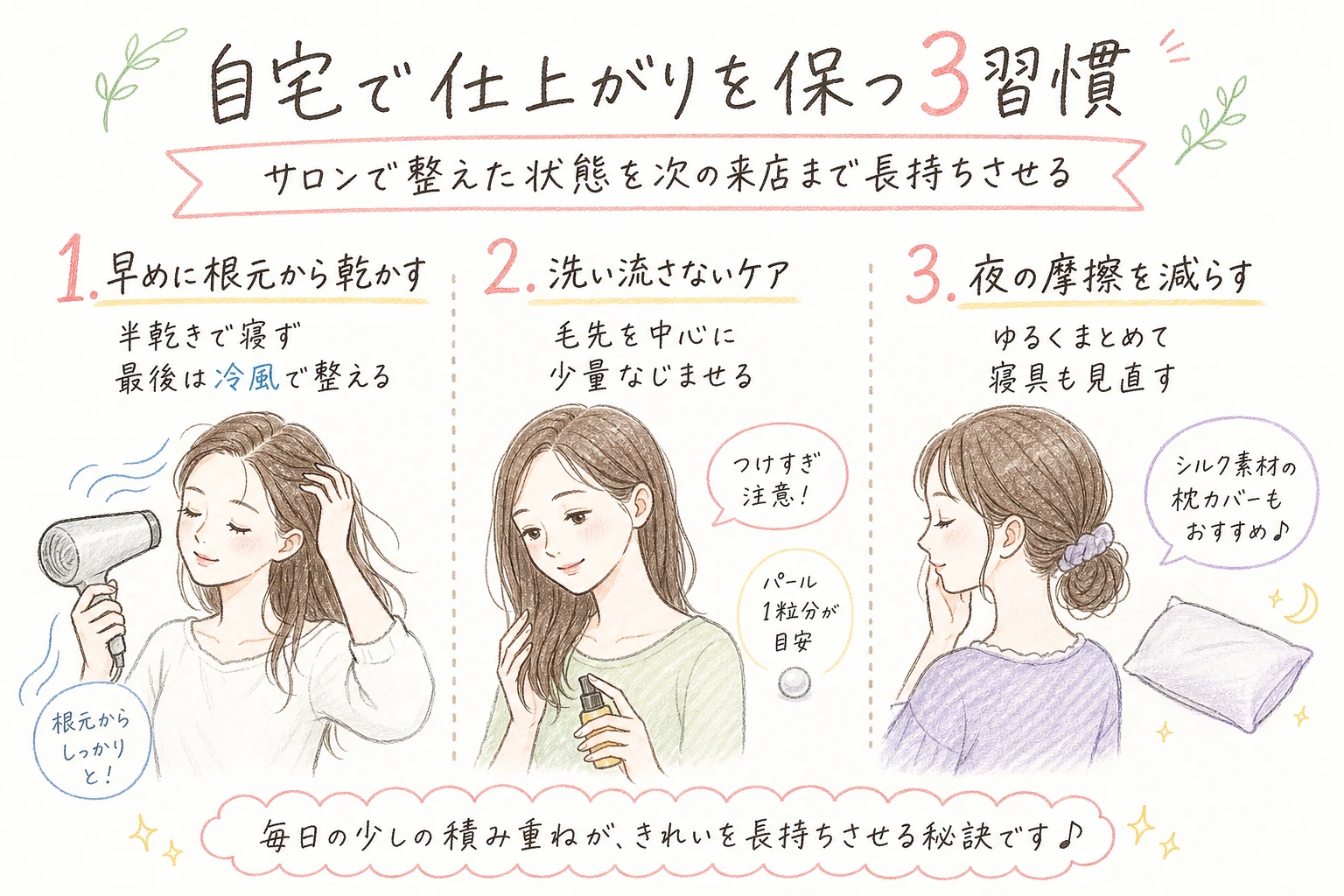自宅で仕上がりを保つ3習慣|サロンで整えた状態を次の来店まで長持ちさせる