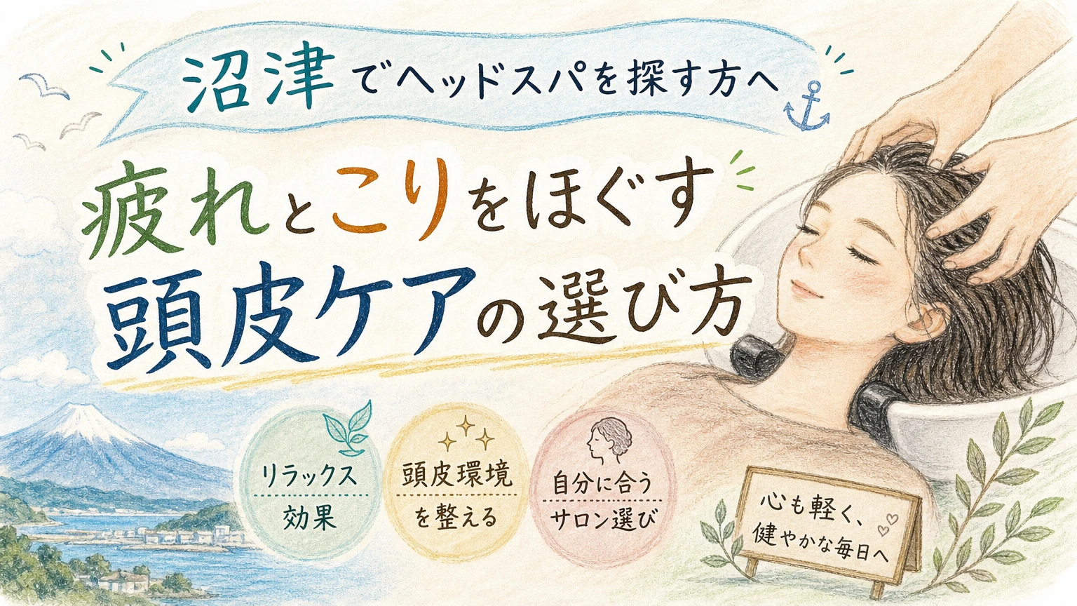 沼津でヘッドスパを探す方へ|疲れとこりをほぐす頭皮ケアの選び方の内容を示すアイソメトリック図解