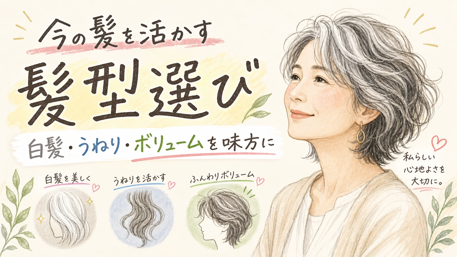 40〜60代の髪型選びで迷う方へ|白髪・うねり・ボリュームを味方にする考え方の内容を示すアイソメトリック図解