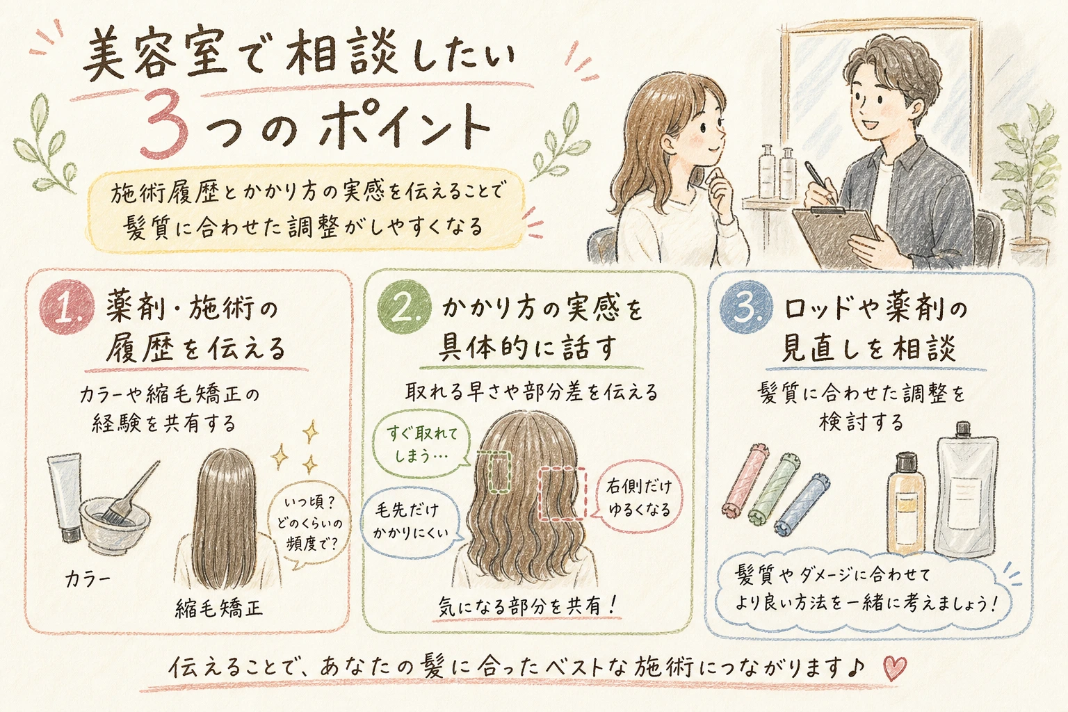 美容室で相談したい3つのポイント｜施術履歴とかかり方の実感を伝えることで髪質に合わせた調整がしやすくなる