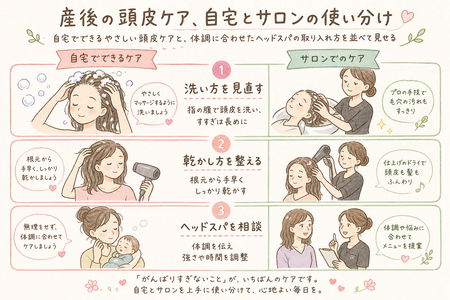産後の頭皮ケア、自宅とサロンの使い分け｜自宅でできるやさしい頭皮ケアと、体調に合わせたヘッドスパの取り入れ方を並べて見せる