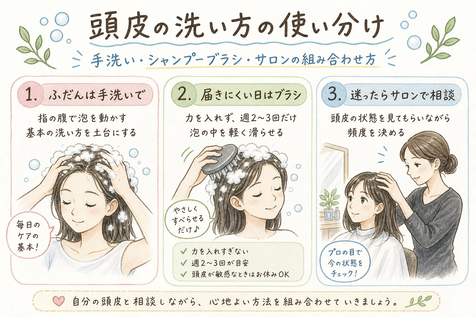 頭皮の洗い方の使い分け｜手洗い・シャンプーブラシ・サロンの組み合わせ方