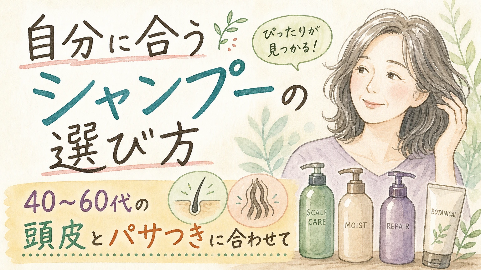 40〜60代のシャンプーの選び方|頭皮とパサつきで選ぶコツの内容を示すアイソメトリック図解