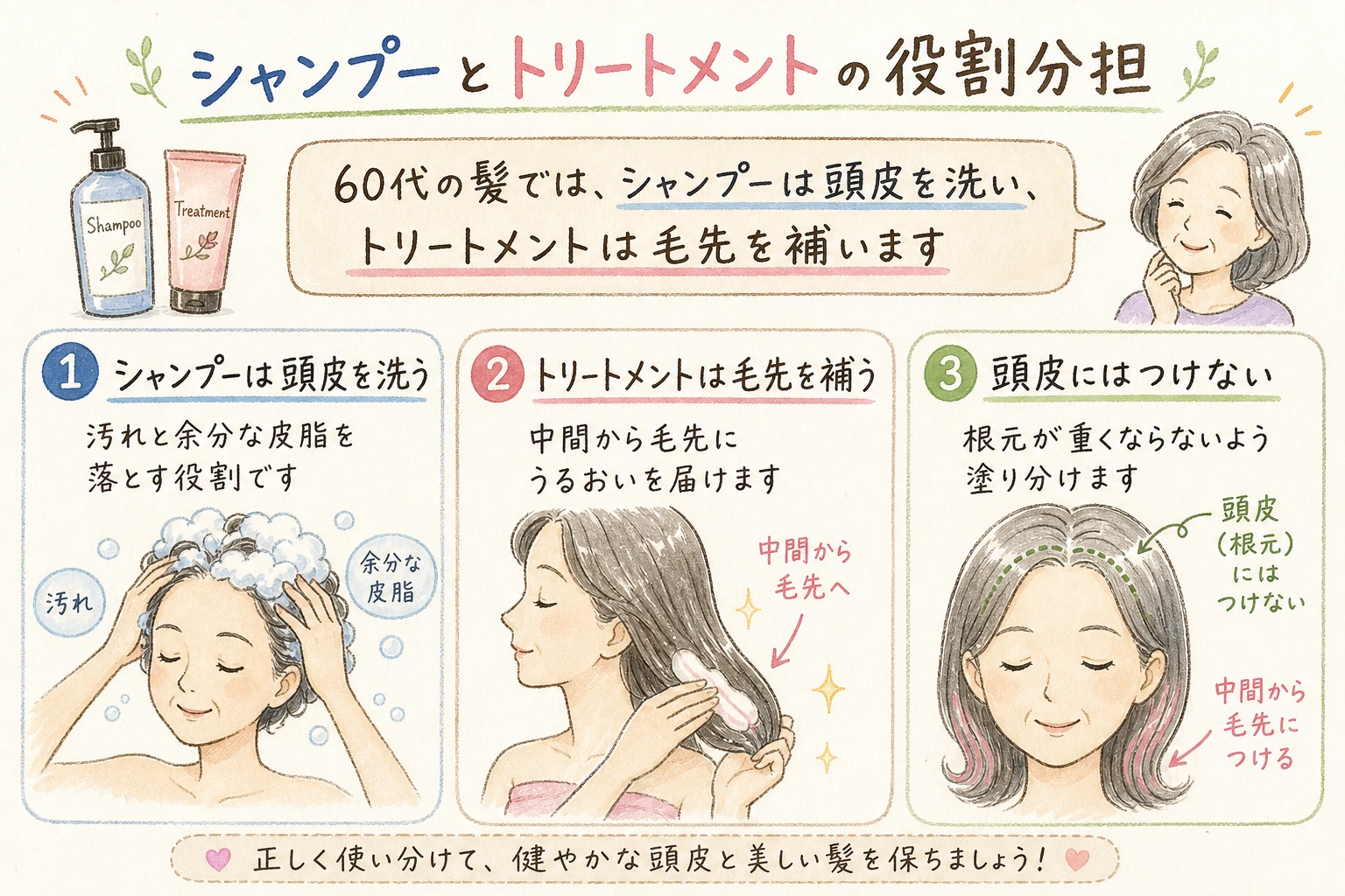 シャンプーとトリートメントの役割分担|60代の髪では、シャンプーは頭皮を洗い、トリートメントは毛先を補います
