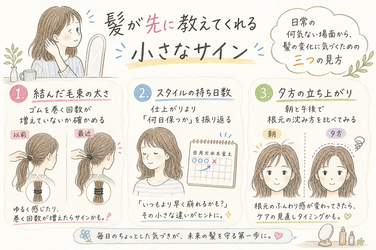 髪が先に教えてくれる小さなサイン|日常の何気ない場面から、髪の変化に気づくための三つの見方