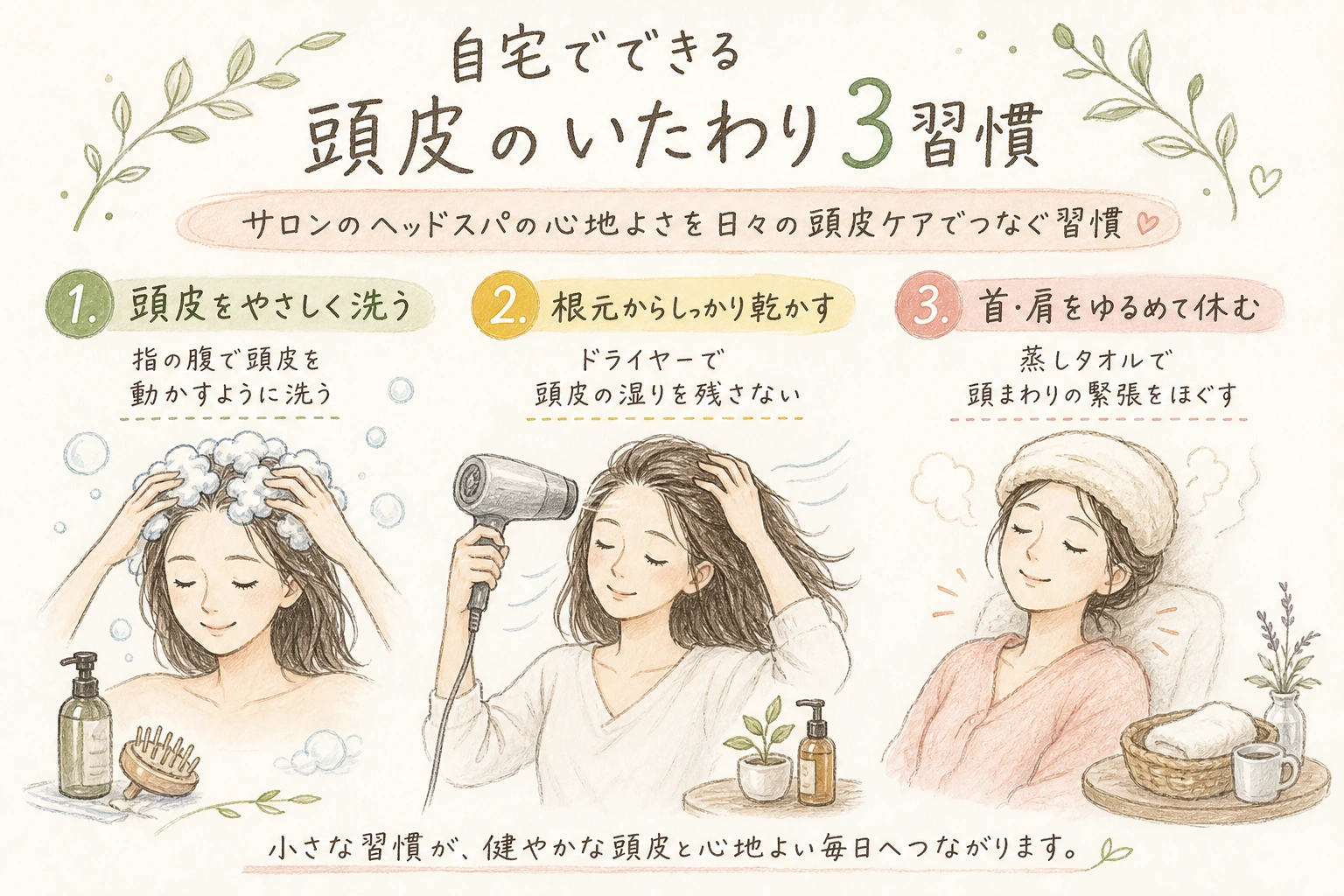自宅でできる頭皮のいたわり3習慣｜サロンのヘッドスパの心地よさを日々の頭皮ケアでつなぐ習慣