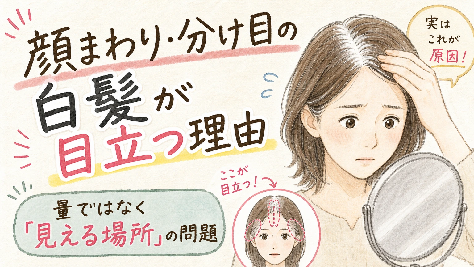 顔まわり・分け目の白髪が目立つ理由|40〜60代の付き合い方の内容を示すアイソメトリック図解