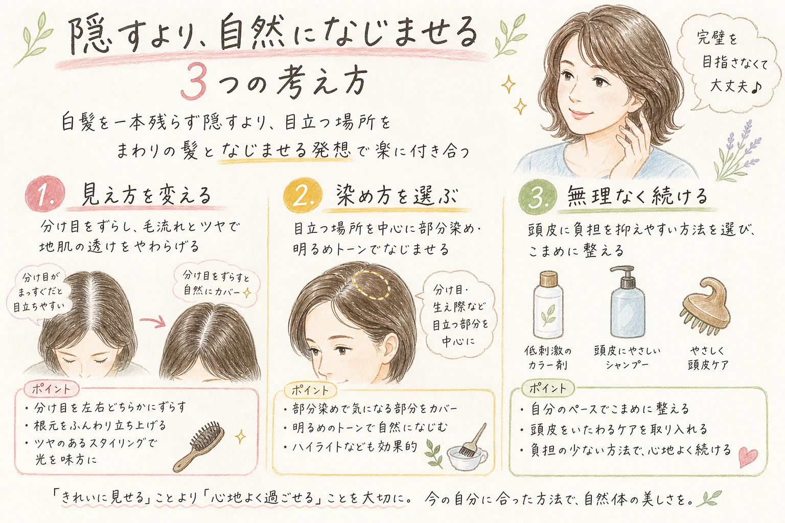 隠すより、自然になじませる3つの考え方|白髪を一本残らず隠すより、目立つ場所をまわりの髪となじませる発想で楽に付き合う