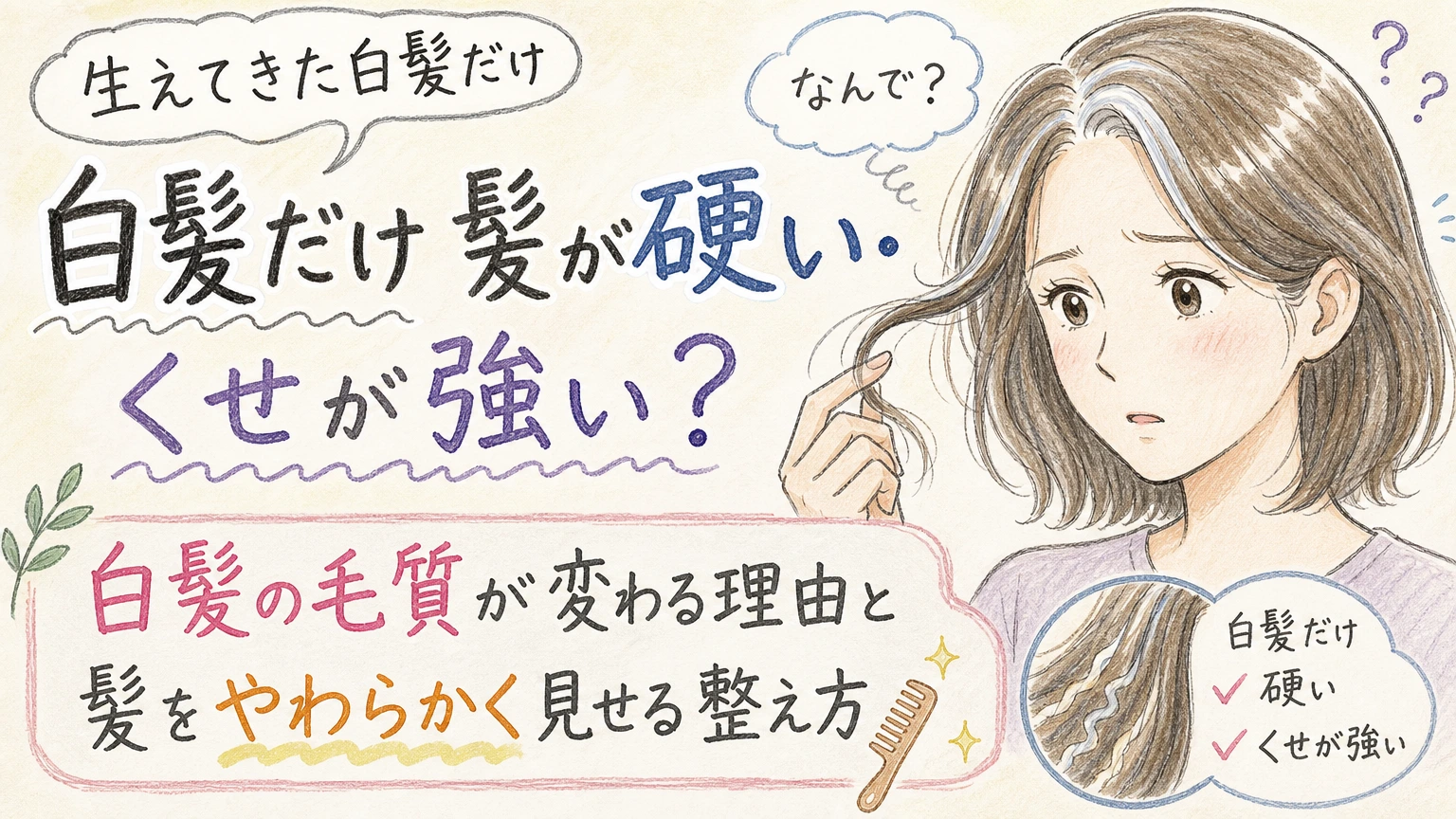 生えてきた白髪だけ硬い・くせが強い方へ｜髪質が変わる理由と整え方の内容を示すアイソメトリック図解