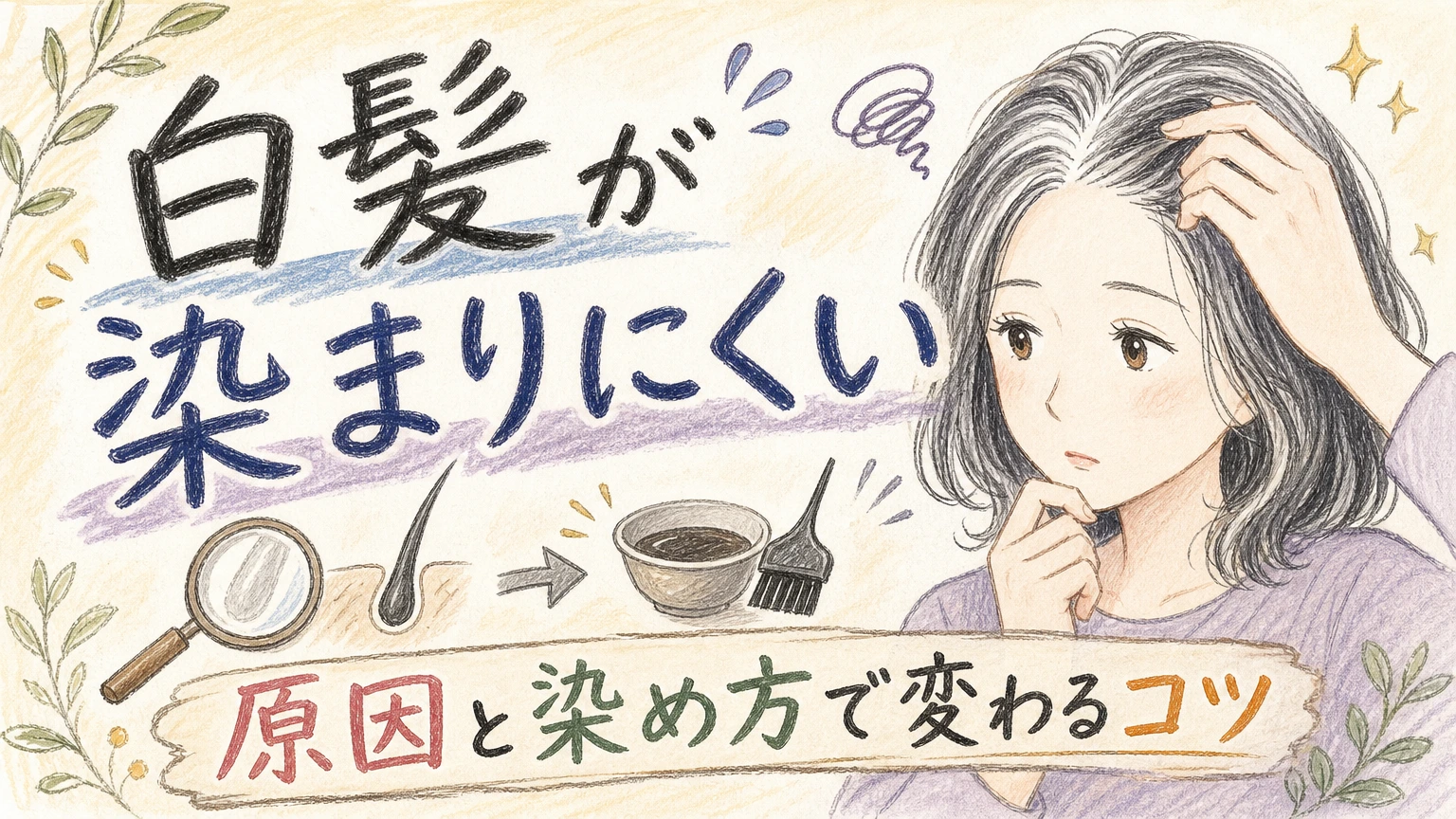 白髪が染まりにくくなってきた方へ|原因と染め方で変わるコツの内容を示すアイソメトリック図解