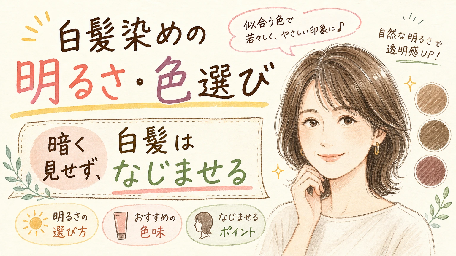 白髪染めで暗く老けて見える方へ|40〜60代の明るさ・色選びのコツの内容を示すアイソメトリック図解
