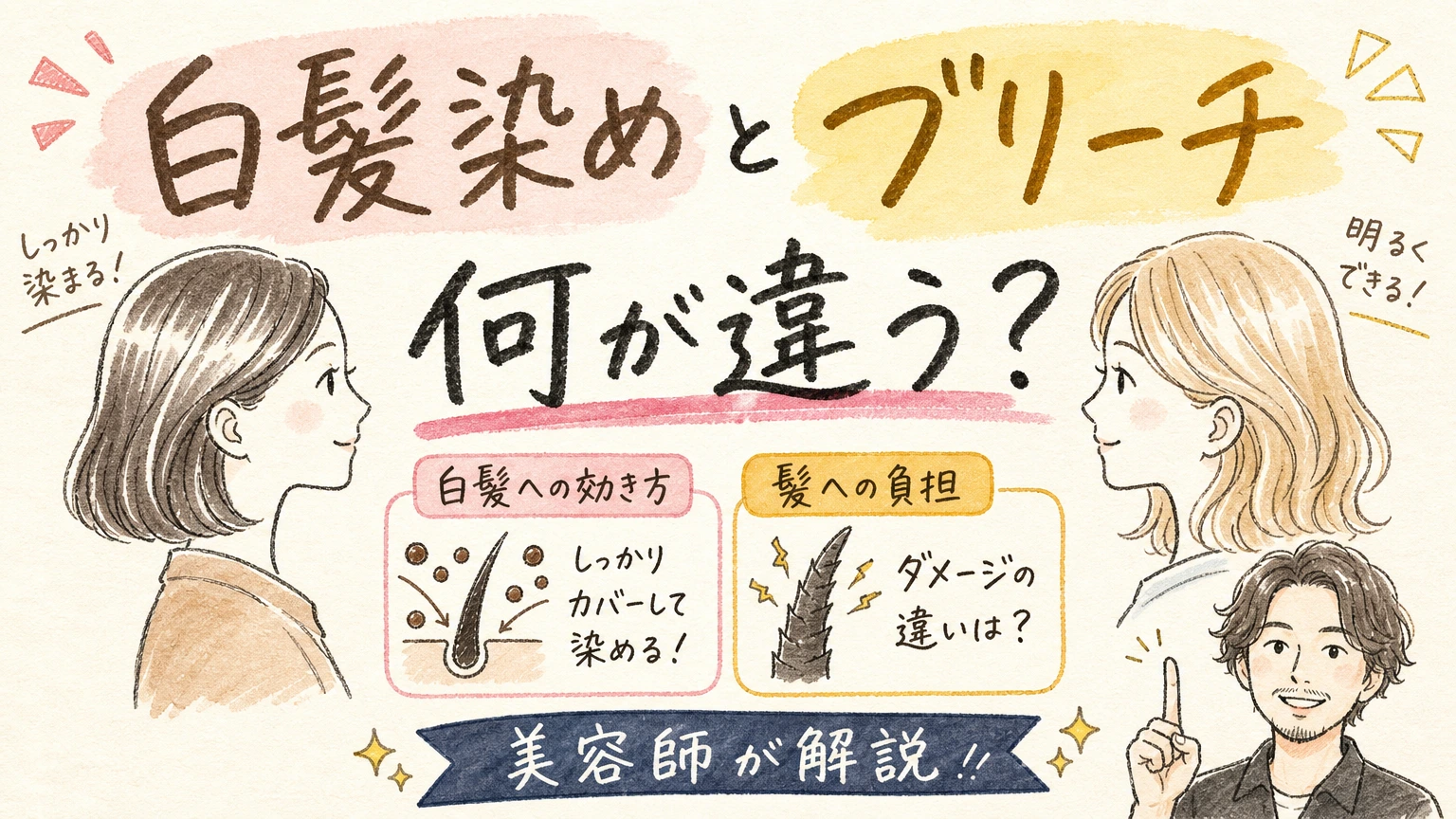 白髪染めとブリーチは何が違う？｜白髪への効き方と髪への負担で比べるの内容を示すアイソメトリック図解