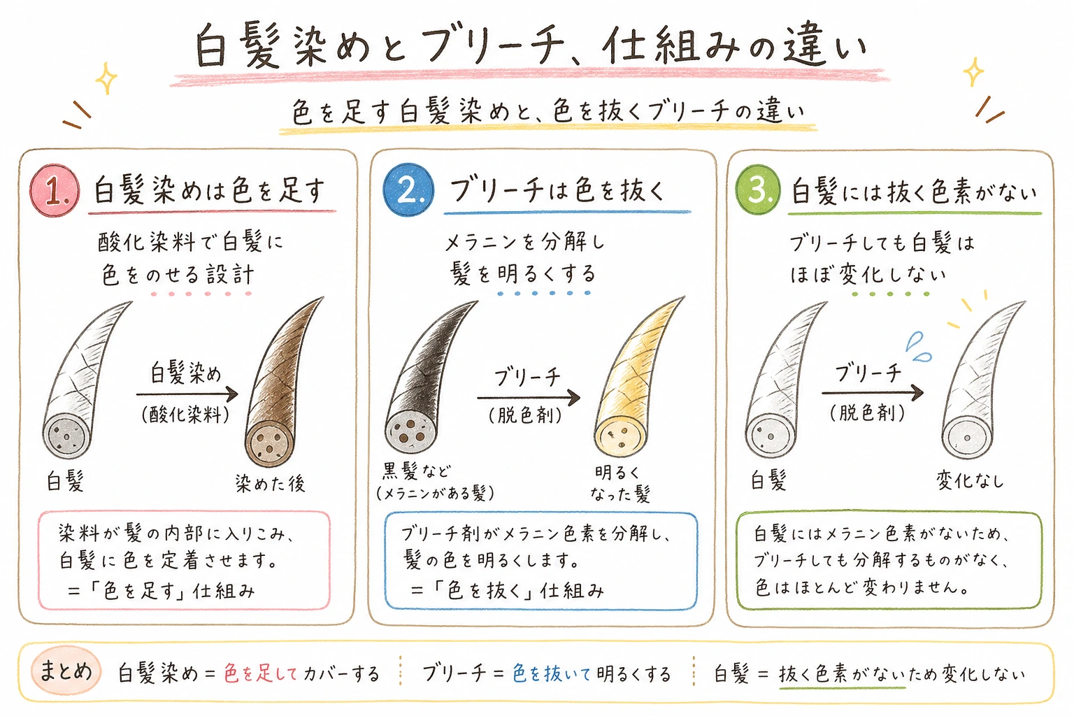 白髪染めとブリーチ、仕組みの違い｜色を足す白髪染めと、色を抜くブリーチの違い