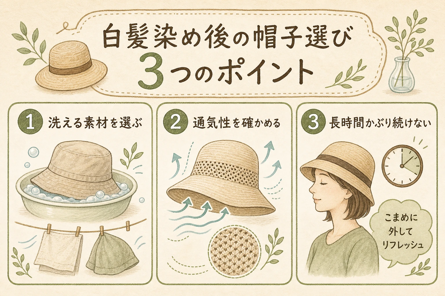 白髪染め後の帽子選び 3つのポイント｜素材と通気性、使う時間を整えて心地よく過ごします