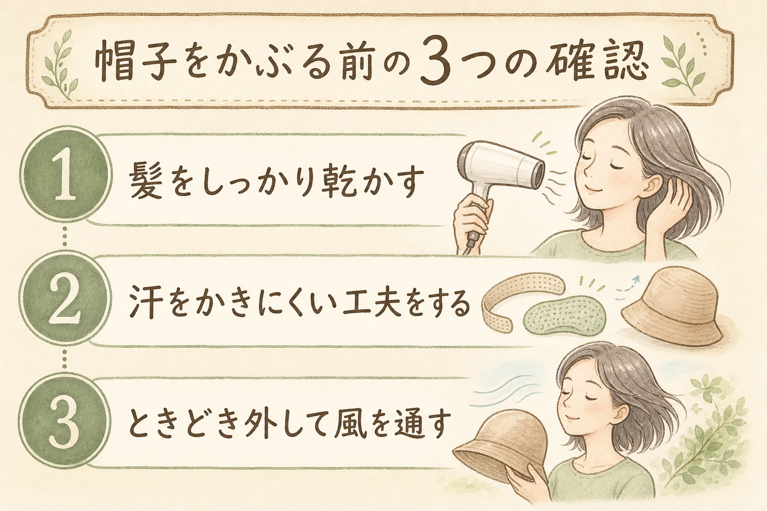 帽子をかぶる前の3つの確認｜髪を乾かし、汗をためない工夫をして外出しましょう