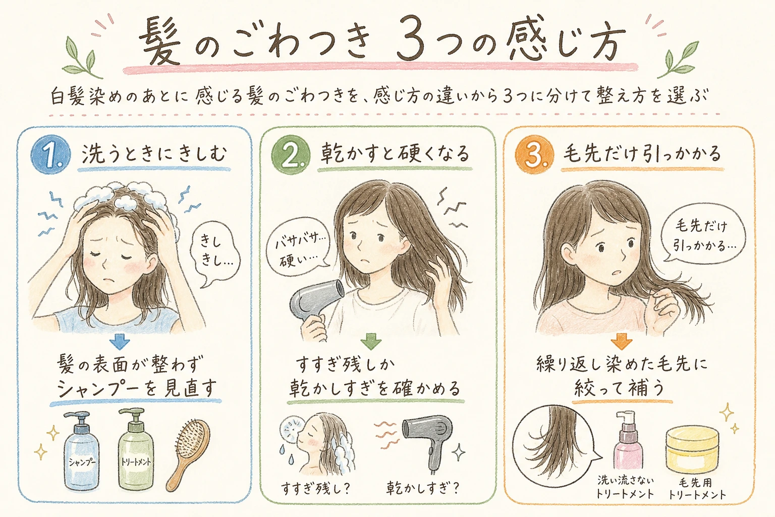 髪のごわつき 3つの感じ方｜白髪染めのあとに感じる髪のごわつきを、感じ方の違いから3つに分けて整え方を選ぶ