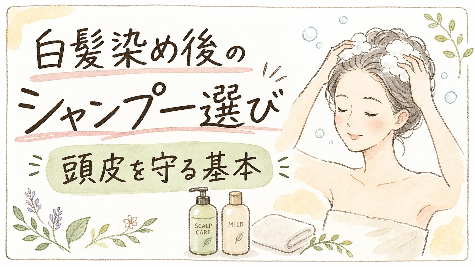 白髪染め後の自宅シャンプー選び方を示す手書きイラスト風のアイキャッチ