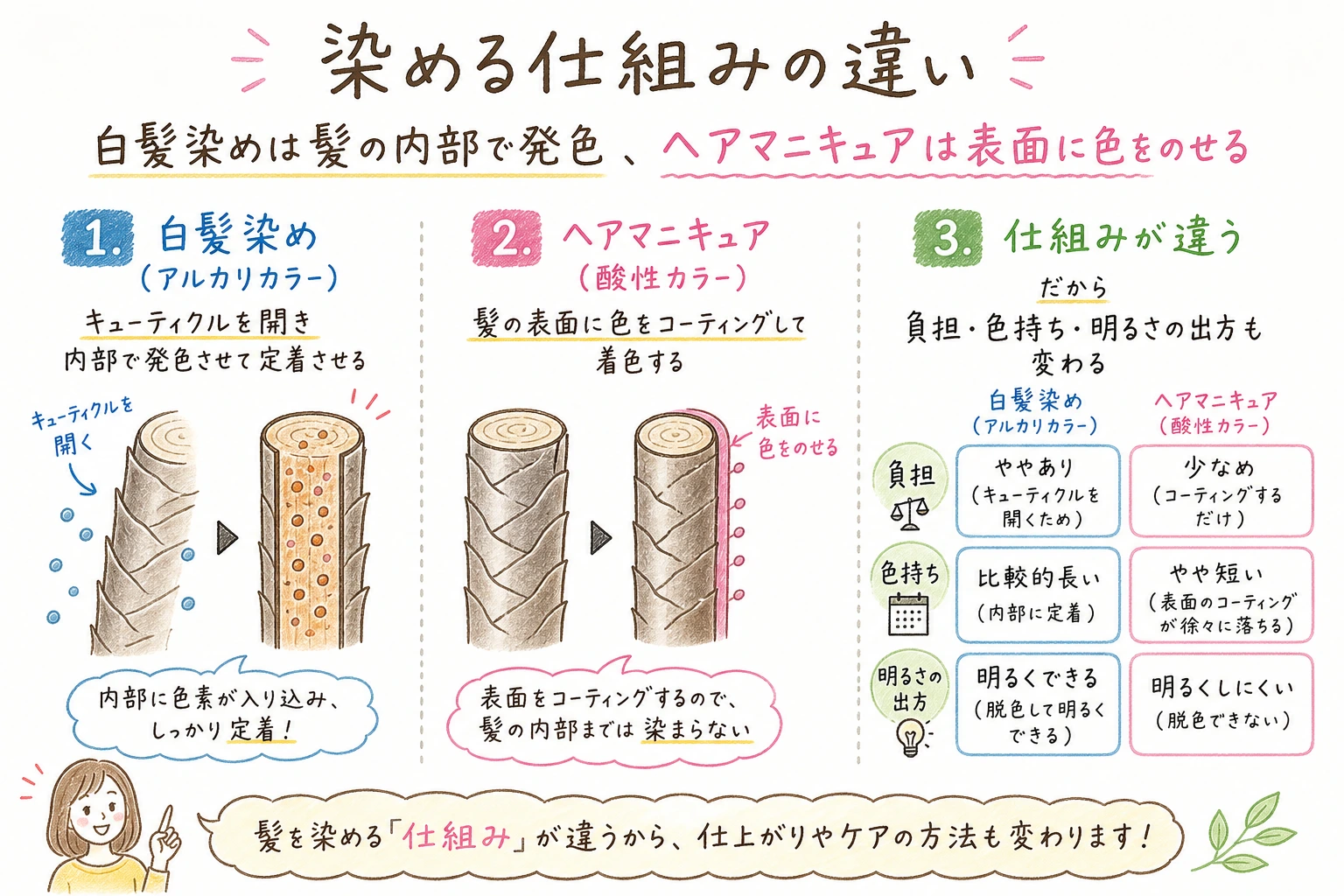 染める仕組みの違い|白髪染めは髪の内部で発色、ヘアマニキュアは表面に色をのせる