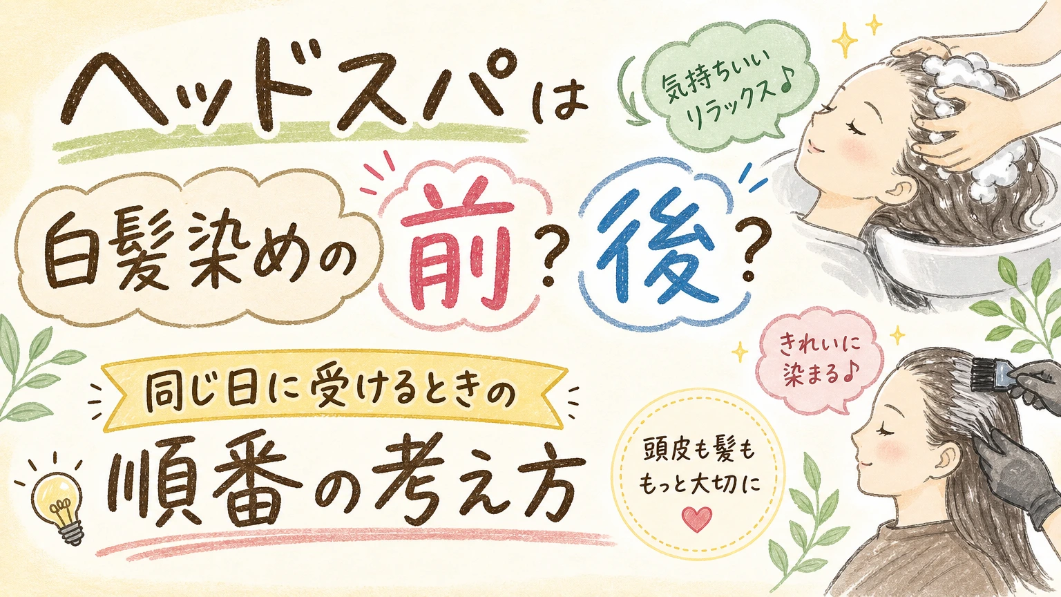 ヘッドスパは白髪染めの前?後?|同じ日に受けるときの順番の考え方の内容を示すアイソメトリック図解