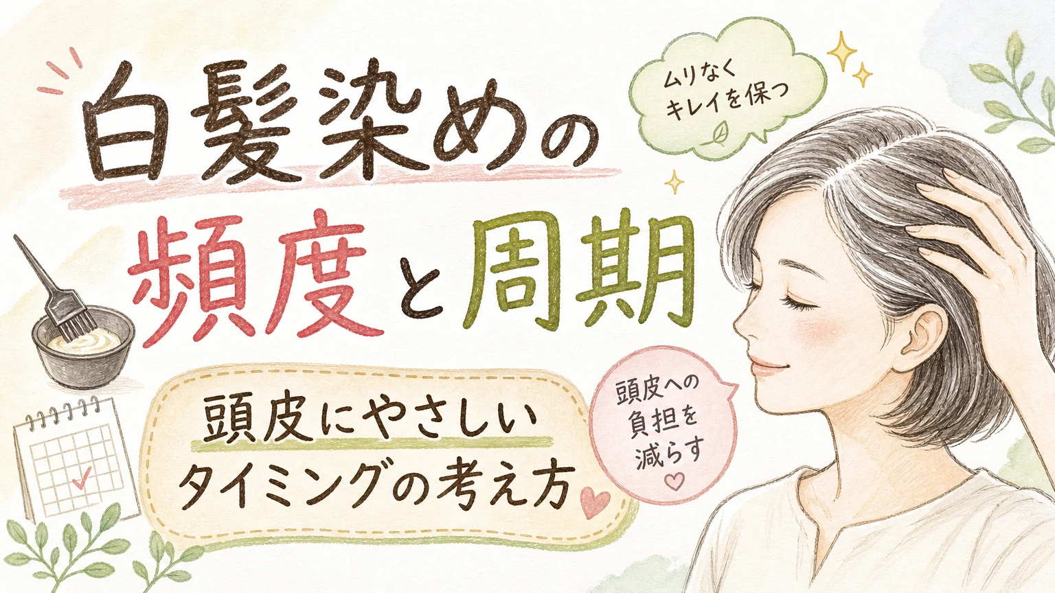 白髪染めの頻度はどのくらい?頭皮にやさしいリタッチ周期の考え方の内容を示すアイソメトリック図解