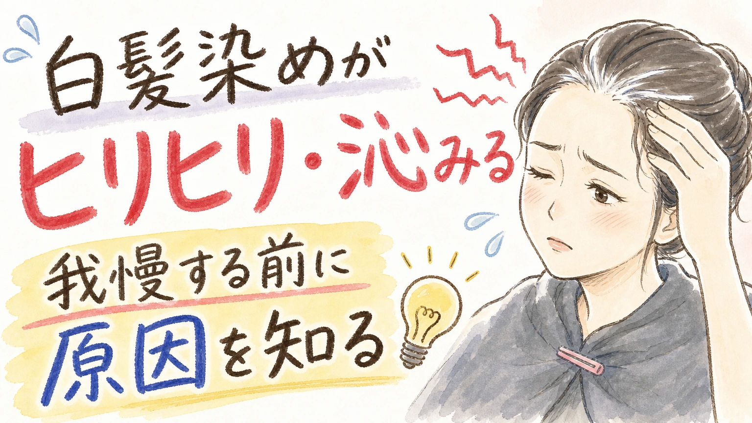 白髪染めのヒリヒリ・沁みる原因を示す手書きイラスト風のアイキャッチ
