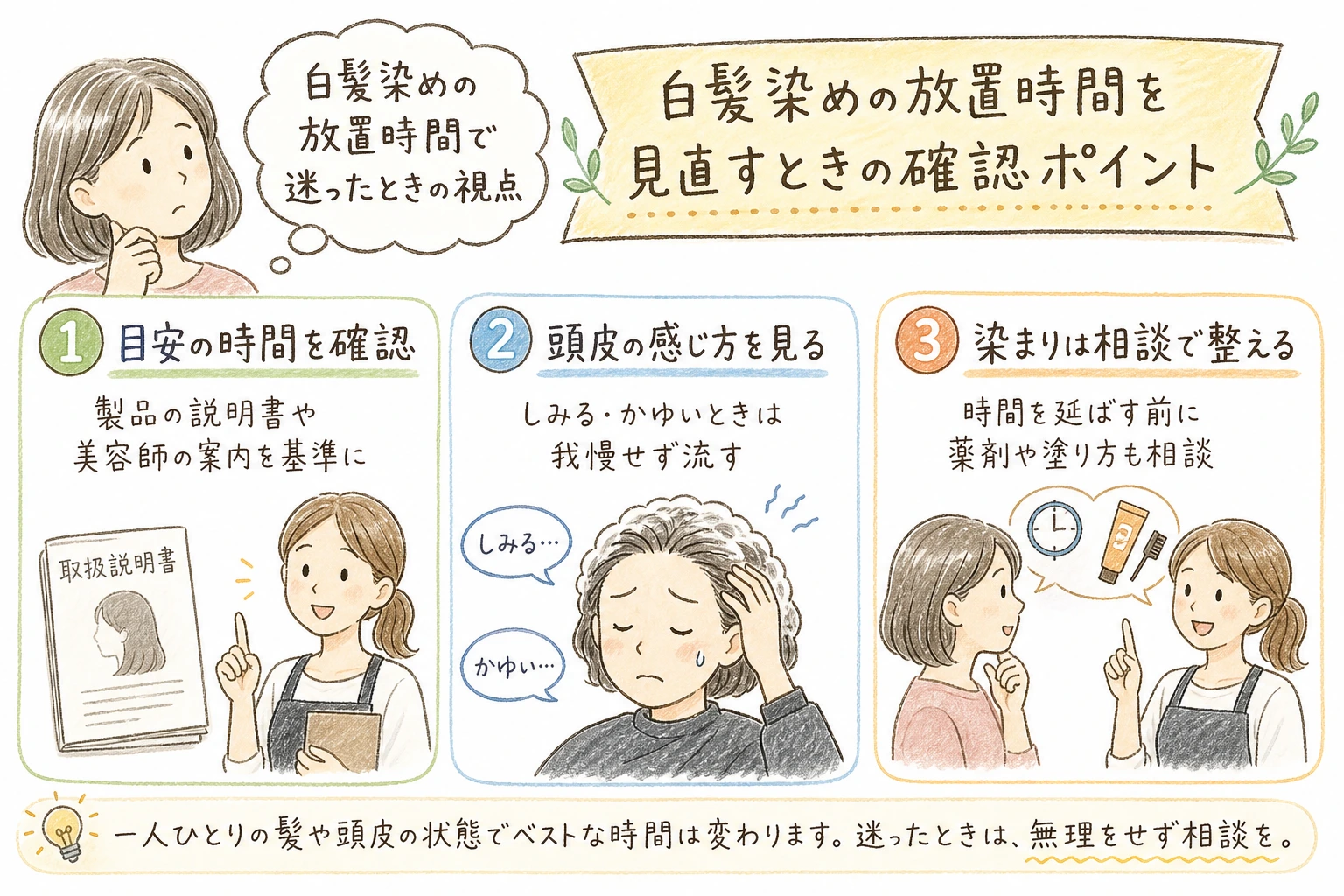 白髪染めの放置時間で迷ったときの視点｜白髪染めの放置時間を見直すときの確認ポイント