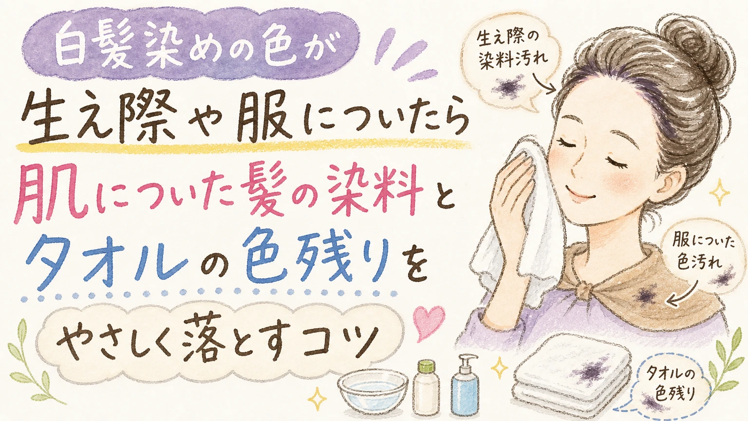 白髪染めの色が生え際や服についたら|肌と布の色残りの落とし方の内容を示すアイソメトリック図解