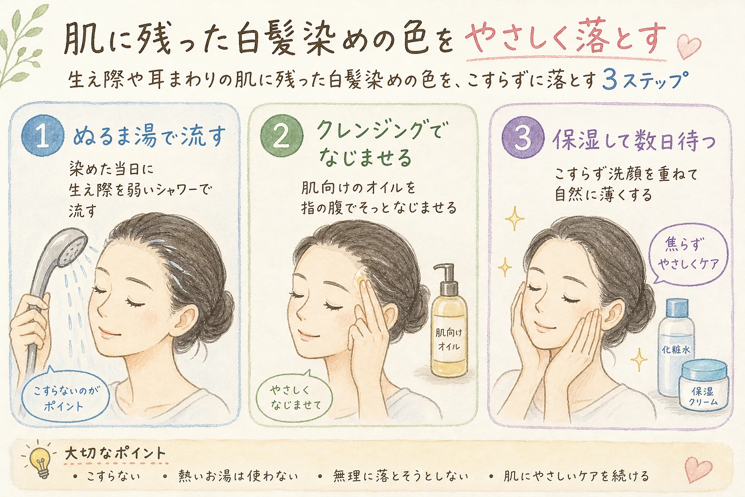 肌に残った白髪染めの色をやさしく落とす|生え際や耳まわりの肌に残った白髪染めの色を、こすらずに落とす3ステップ