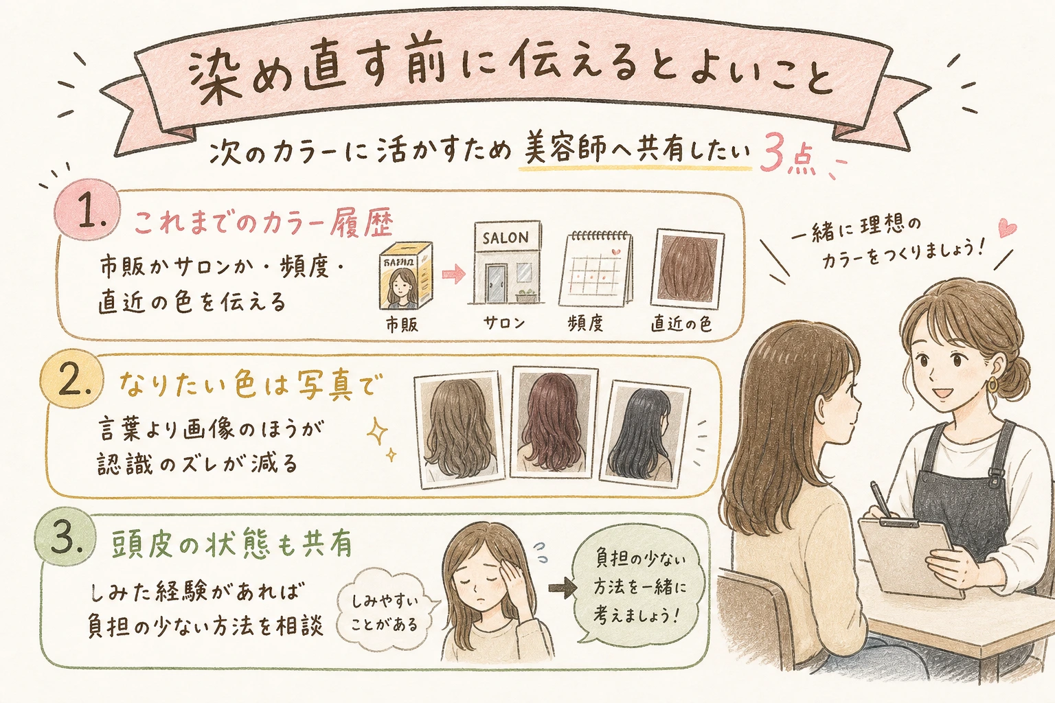染め直す前に伝えるとよいこと|次のカラーに活かすため美容師へ共有したい3点