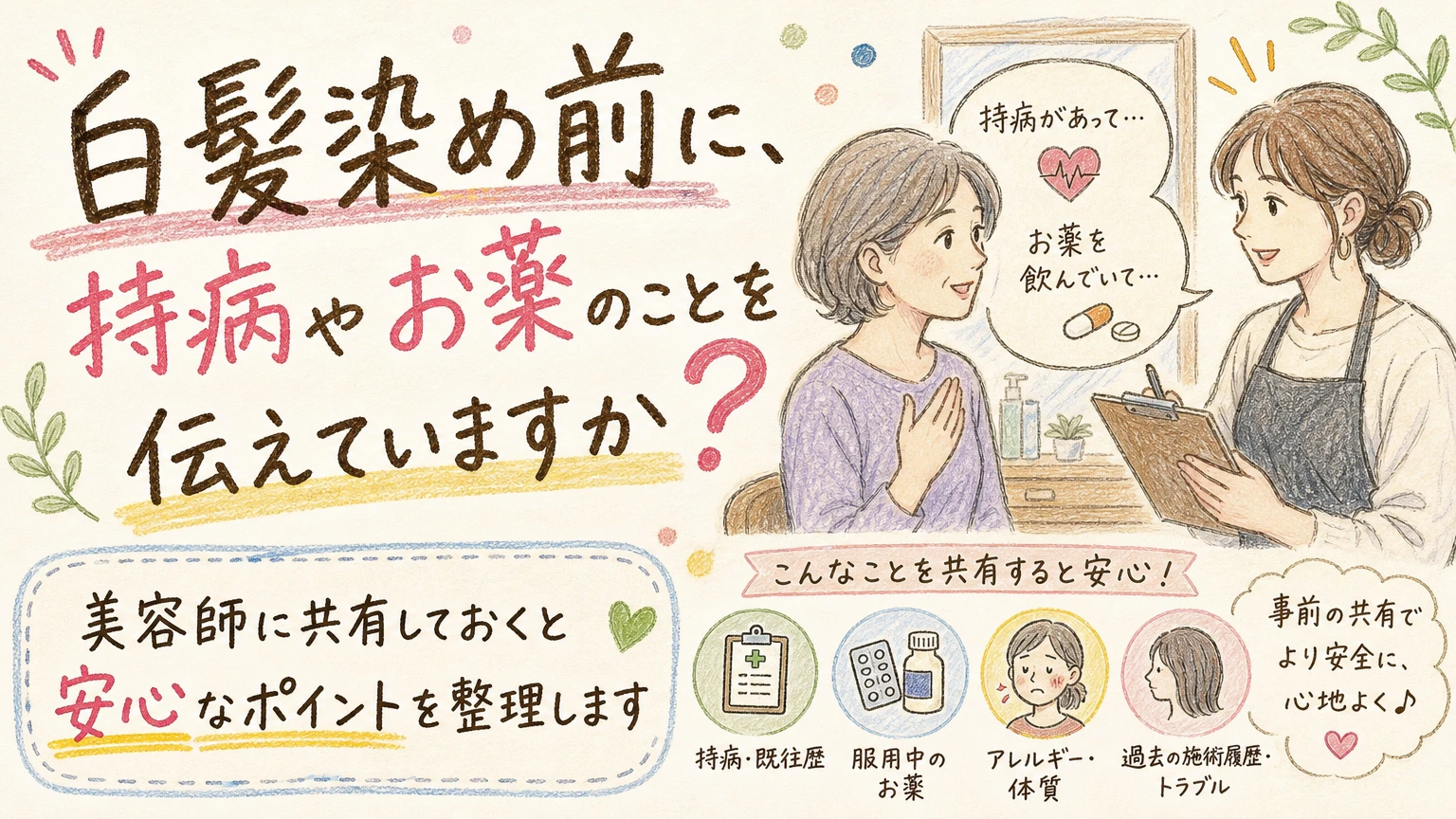 白髪染め前に持病やお薬のことを美容師に伝えたい理由の内容を示すアイソメトリック図解