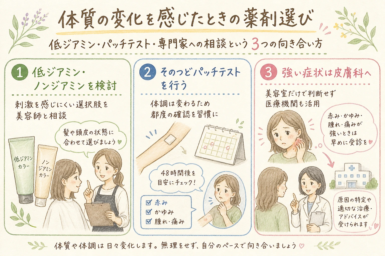 体質の変化を感じたときの薬剤選び|低ジアミン・パッチテスト・専門家への相談という3つの向き合い方