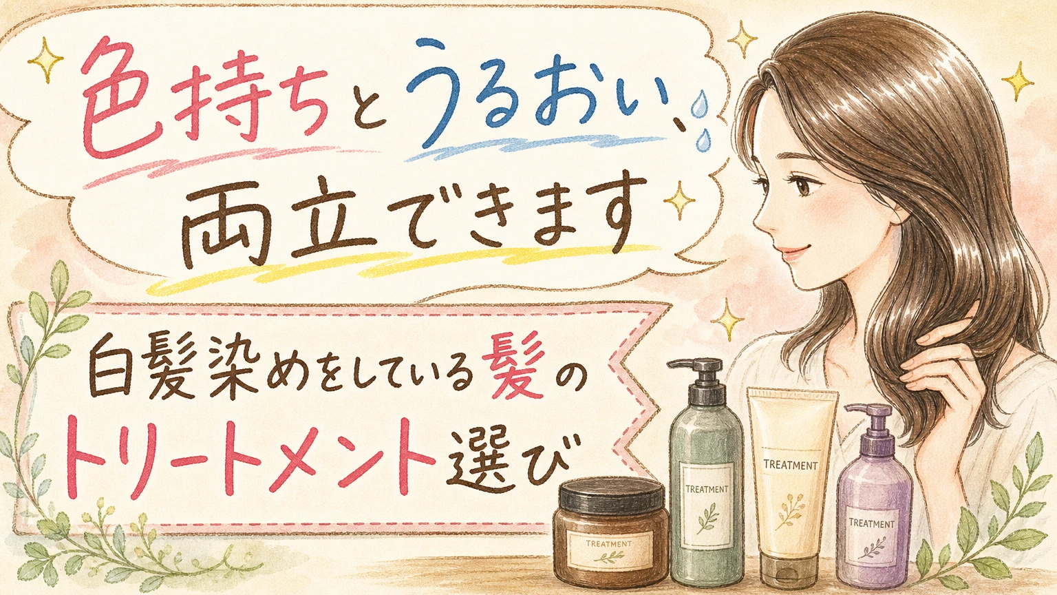 白髪染めをしている髪のトリートメント選び|色持ちとうるおいの両立の内容を示すアイソメトリック図解